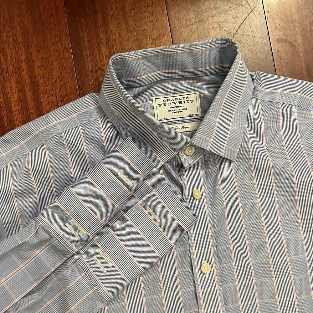 Charles Tyrwhitt Shirt Mens 16.5 33 Blue Plaid Slim Fit Non Iron French Cuff